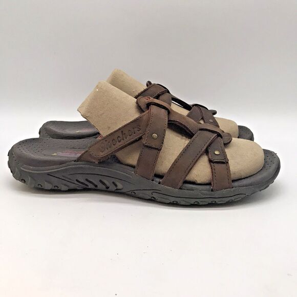 Skechers Outdoor Lifestyle Sandals Woman's 8 Brown Leather Slip On Strappy Slide - Picture 1 of 11